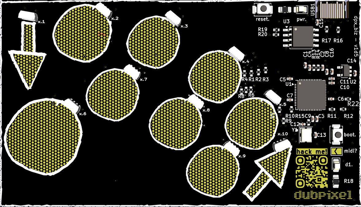 dpx_biz PCB, front side, showing 12 capacitive touch pads
