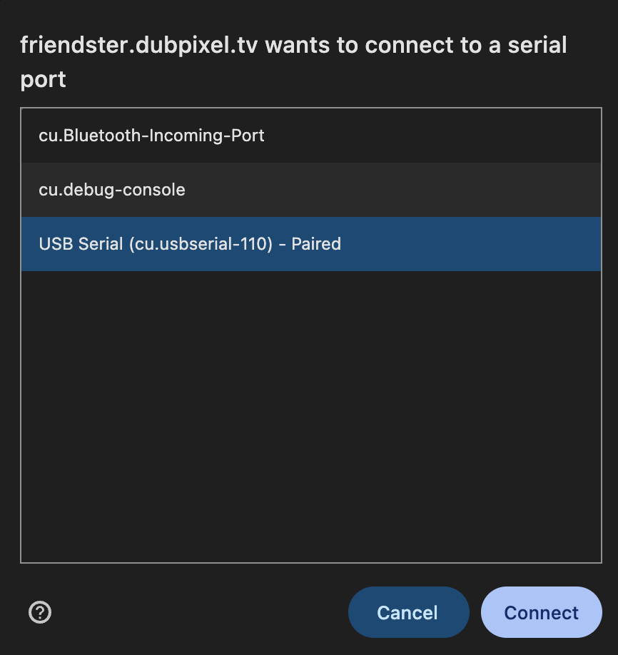 Browser serial port picker dialog with the correct USB Serial (Paired) entry selected and Connect enabled