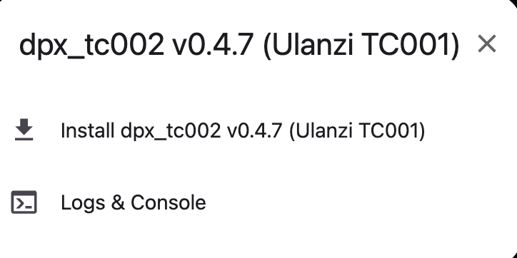 ESP Web Tools dialog showing 'dpx_tc002 v0.4.7 (Ulanzi TC001)' with an Install option