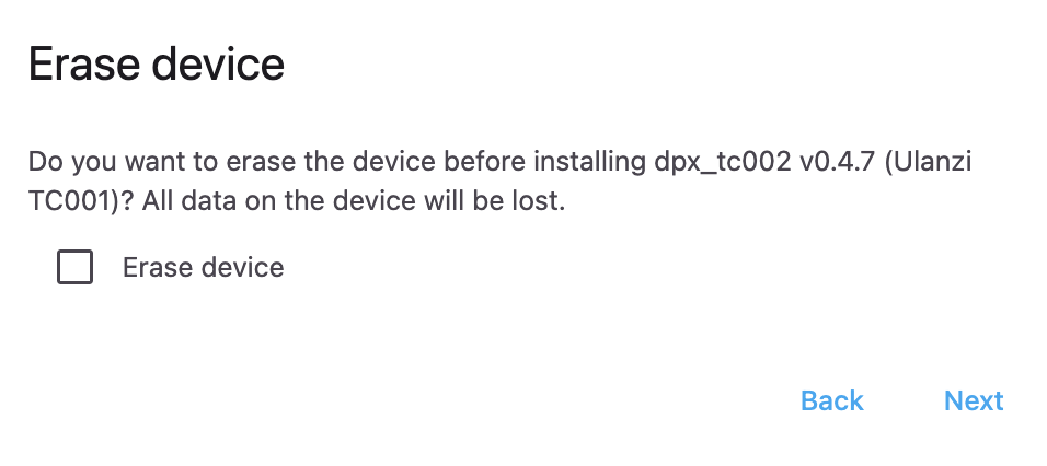 Erase device dialog with the checkbox left unchecked, for a routine update