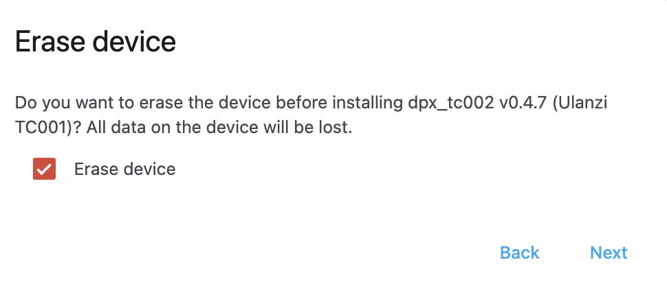 Erase device dialog with the Erase device checkbox checked