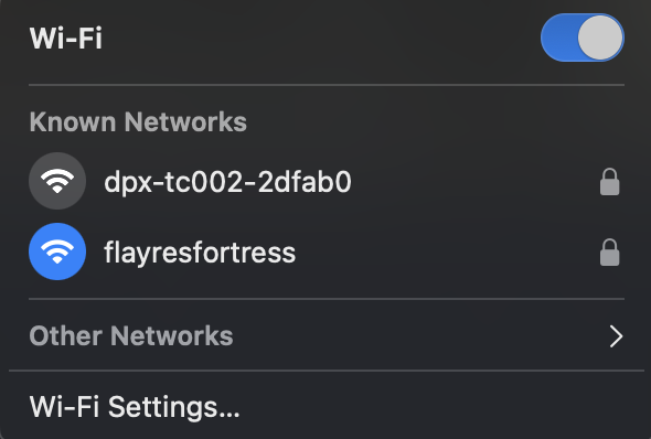 macOS WiFi menu showing a dpx-tc002-2dfab0 network, one example device's actual suffix