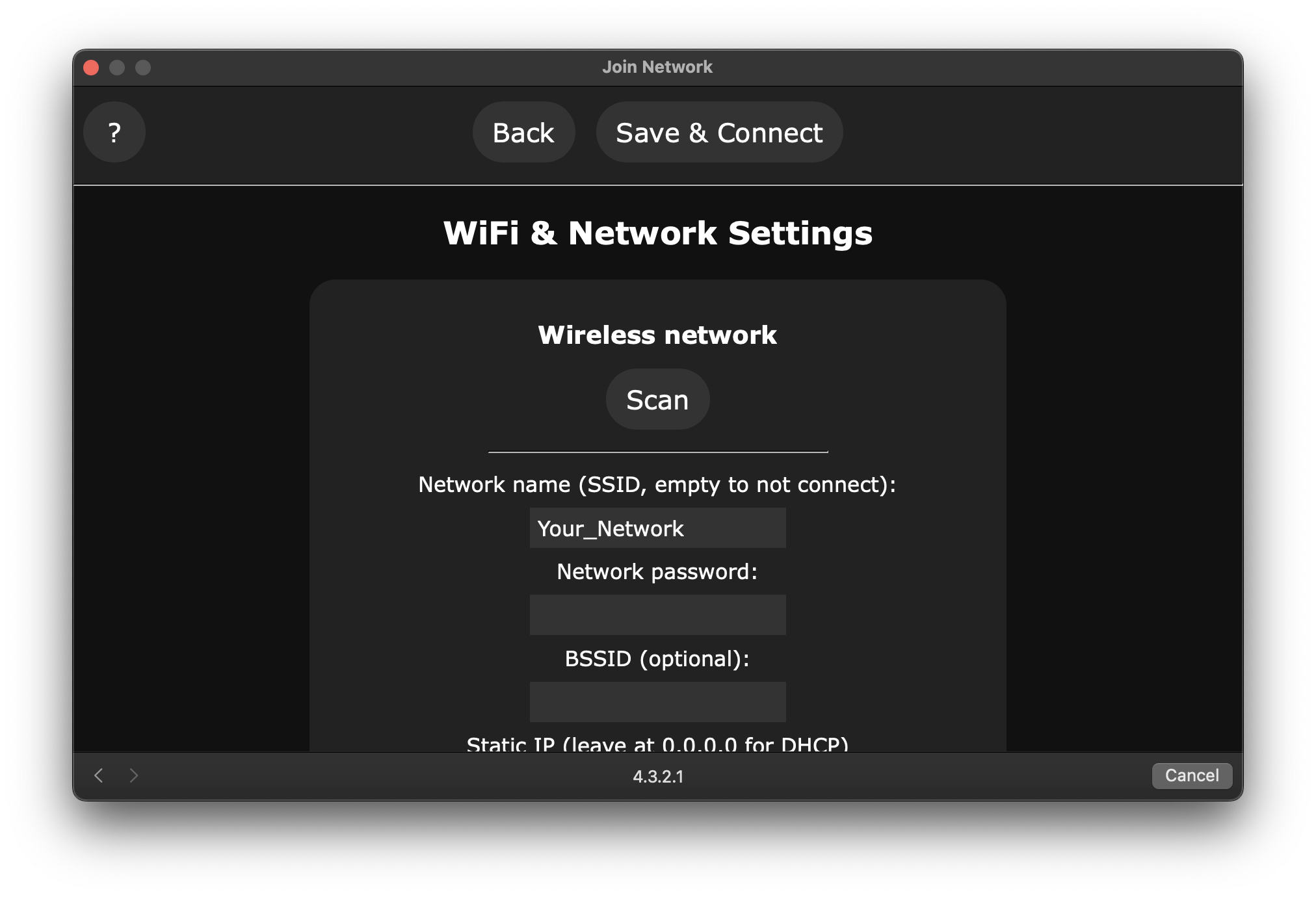 WiFi settings page with a blank network name field