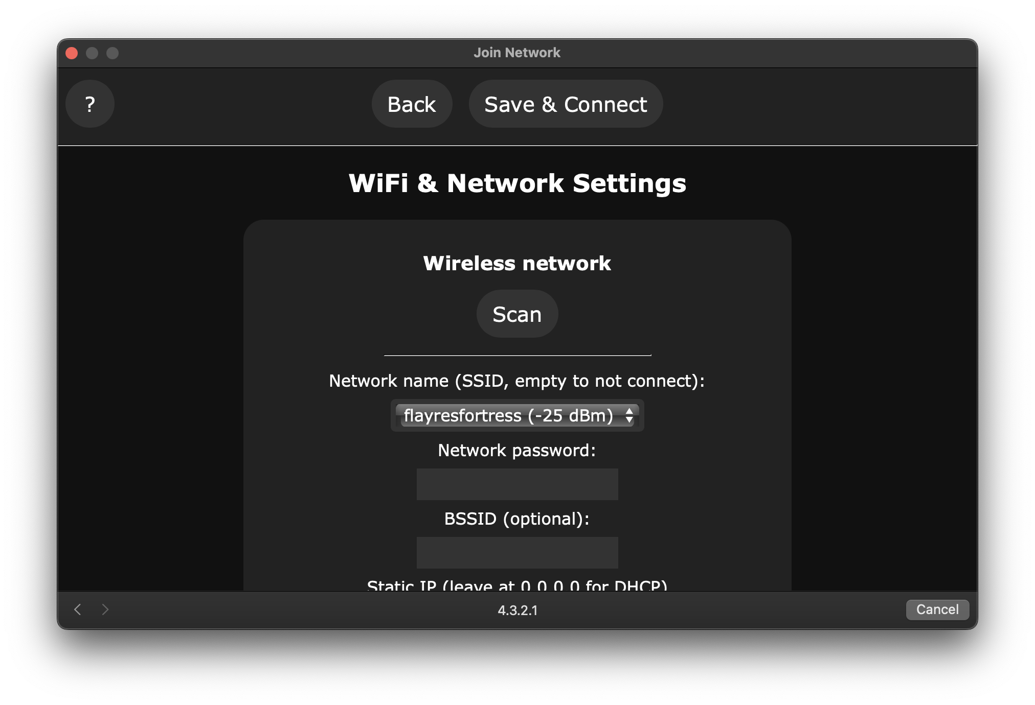 WiFi settings page with a network selected from the scan dropdown
